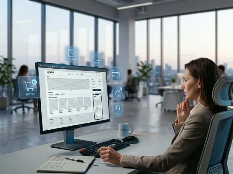 Especialista en comercio electronico frente a un monitor revisando el layout de una tienda online con iconos flotantes de diseño web y soporte.