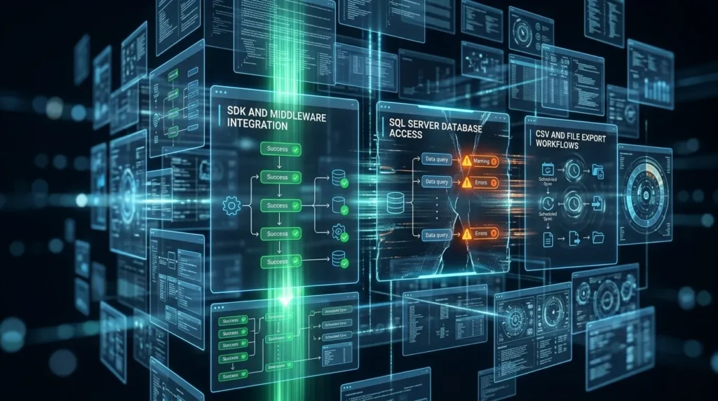 Desarrollador o gestor de operaciones trabajando en la resolución de errores en la integración entre Sage 50 y WooCommerce. Pantalla con notificaciones de fallos en sincronización, facturación duplicada, problemas de stock, reinicios de servidor y errores de base de datos, en un entorno de oficina moderna con iluminación azul y realismo fotográfico.