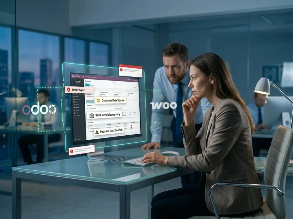 Fotografía de estilo editorial de dos consultores de negocios en una oficina moderna analizando errores de sincronización entre Odoo ERP y WooCommerce en una pantalla con avisos de discrepancia de stock y conflictos de pedidos
