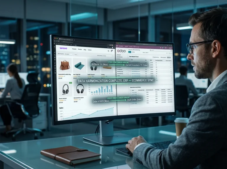 Fotografía de estilo editorial de un consultor de negocios en una oficina moderna, observando una pantalla con la integración en tiempo real entre una tienda online WooCommerce y el sistema ERP Odoo, mostrando la sincronización de stock y pedidos con gráficos limpios y una iluminación tecnológica azul y verde.