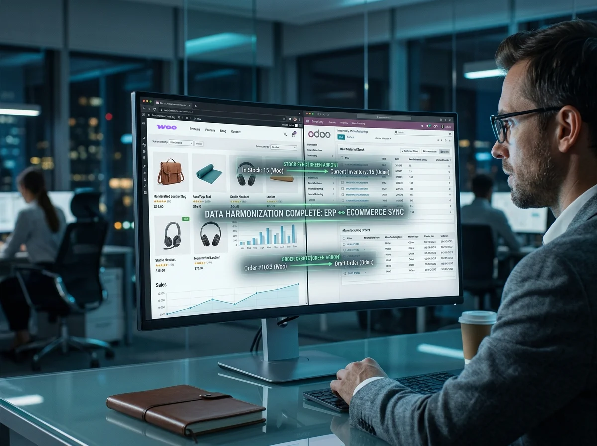 Fotografía de estilo editorial de un consultor de negocios en una oficina moderna, observando una pantalla con la integración en tiempo real entre una tienda online WooCommerce y el sistema ERP Odoo, mostrando la sincronización de stock y pedidos con gráficos limpios y una iluminación tecnológica azul y verde.