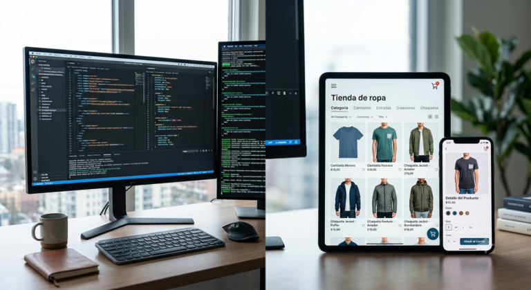 Espacio de trabajo moderno de desarrollo ecommerce con pantalla dividida mostrando la interfaz de una tienda online limpia y profesional.