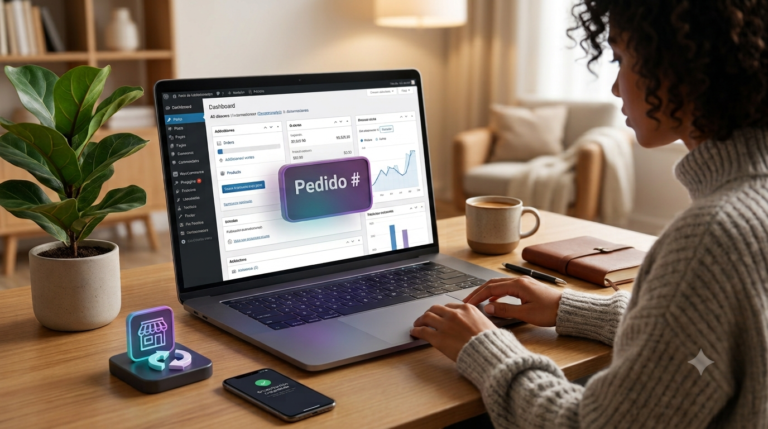 Una visualización conceptual de la integración de datos entre un sistema de pedidos de e-commerce y un software de facturación. Se muestran dos pantallas de ordenador conectadas por cables de fibra óptica luminosos, un teléfono móvil que confirma la sincronización completada, y un flujo de iconos que representan un carrito de compra y facturas impresas