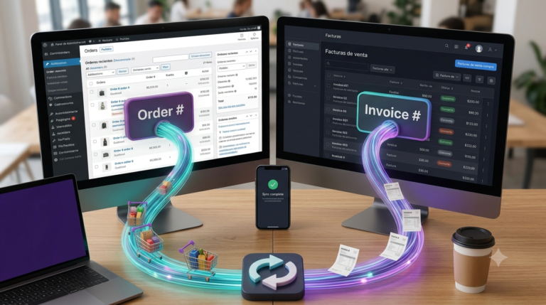 Una visualización conceptual de la integración de datos entre un sistema de pedidos de e-commerce y un software de facturación. Se muestran dos pantallas de ordenador conectadas por cables de fibra óptica luminosos, un teléfono móvil que confirma la sincronización completada, y un flujo de iconos que representan un carrito de compra y facturas impresas.