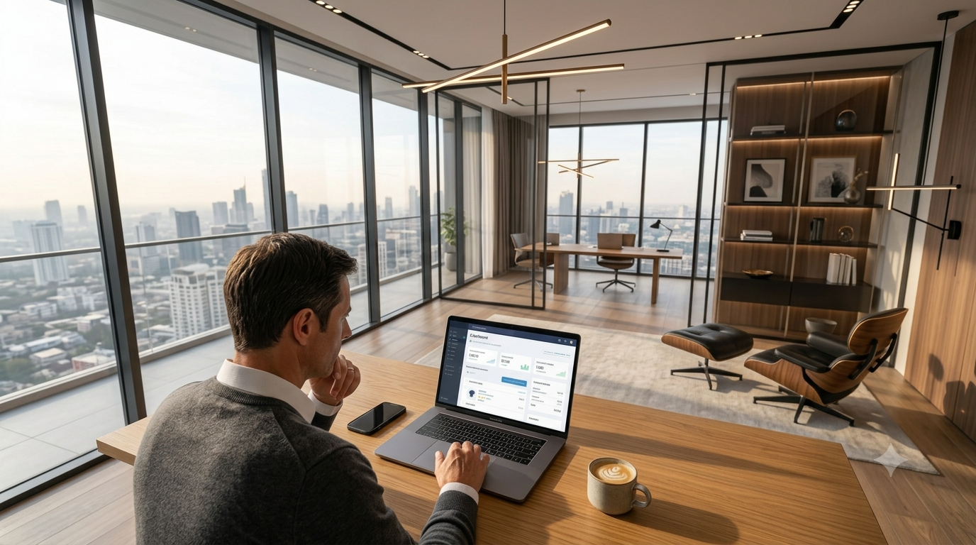Empresario desde una perspectiva trasera en una oficina moderna pensando frente a su ordenador sobre qué plataforma de comercio electrónico elegir entre WooCommerce y Shopify