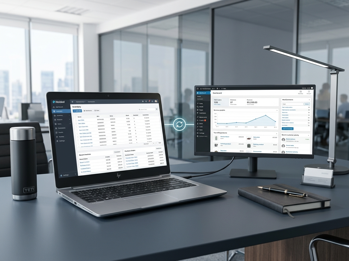 Escritorio ejecutivo de oficina corporativa con un portátil y un monitor secundario sincronizando datos entre un sistema ERP y WooCommerce.